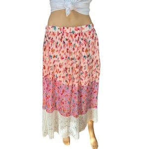 Anthropologie Laila Pleated Midi Skirt Multicolor Floral Lace Size XL
